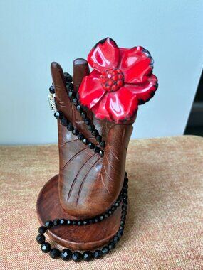 Vintage Red & Black Enamel Flower Brooch With Necklace Set Bold